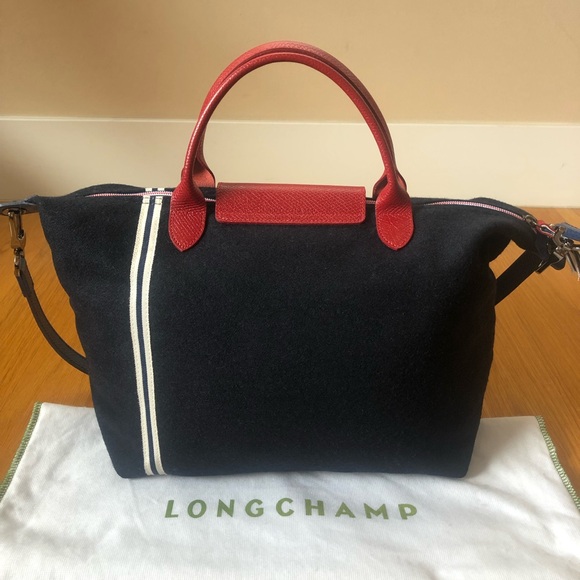 $475~LONGCHAMP~’Le Pliage Cocade’ Navy Blue Wool 2-Way Tote Bag~Rare/Limited Ed! - Picture 9 of 16